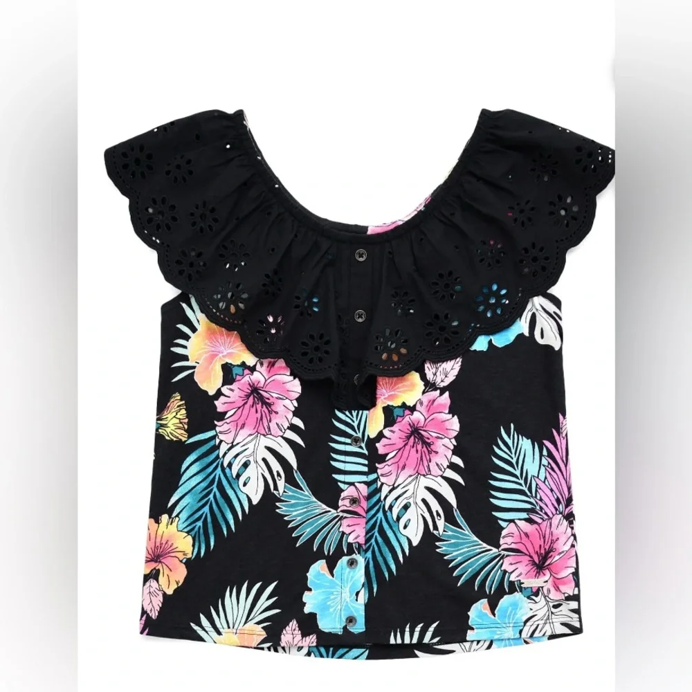 Justice Black and Pink Ruffled Blouse with Lace Neckline